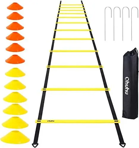 Produktbild: Ohuhu Fussball Trainingszubehör Kinder Koordinationsleiter Trainingsleiter, Koordinationsleitern mit 12 Hütchen fußball Trainingsset Equipment Zubehör mit Tragetasche, für Basketball fußball etc