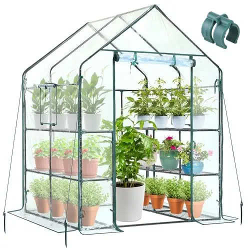 Produktbild: Ohuhu Gewächshaus Foliengewächshaus Winterfest Tomatenhaus mit Verbesserte Transparente PVC-Abdeckung, Begehbares Gewächshaus 3 Tiers 12 Regale Gewächshaus Klein für Garten 143x143x195 cm