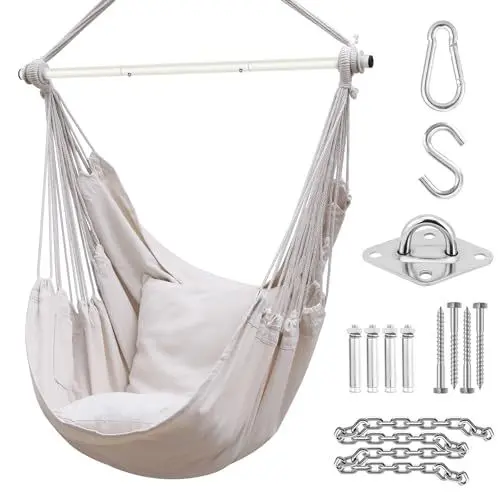 Produktbild: Ohuhu Hängesessel mit 2 Kissen und Deckenhaken-Kit, Hängesessel Outdoor XL Hängestuhl bis 150 kg für Erwachsene & Mädchen, Hängesitz Aufhängung Indoor Outdoor Schlafzimmer und Garten, Beige