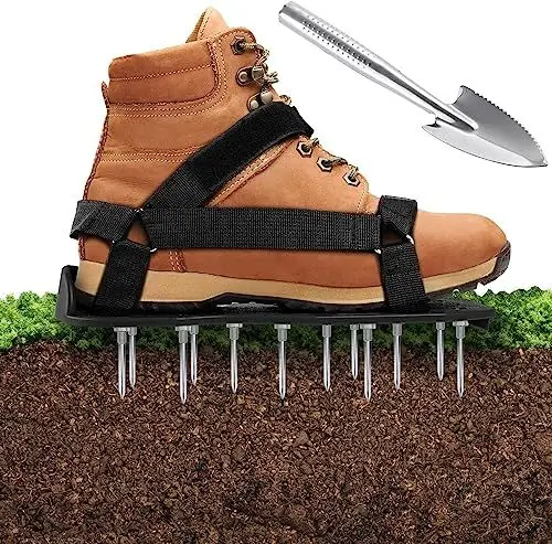 Produktbild: Ohuhu Nagelschuhe Rasenlüfter Schuhe vormontiert mit Klettverschluss, Rasenbelüfter Vertikutierer mit Schaufel Aerifizierer für Rasenbelüftung Garten Schuhe Der ideale Rasenbelüfter Schwarz