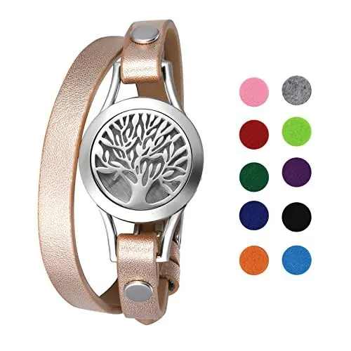 Produktbild: OIDEA Damen Armband Leder Aromatherapie: Rosegold Lederarmband aus Edelstahl Lebensbaum Doppel-Lap mit 10 Filz-Pads Armreif Handgelenk Schmuck Geschenk für Frauen Mädchen