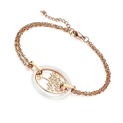 Produktbild: Damen lebensbaum Armband rosegold , Doppelkette Keramik Edelstahl Charm Armreif Armkette Panzerarmband (Lebensbaum rosegold)