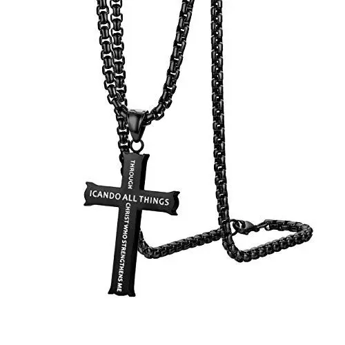 Produktbild: OIDEA Herren Bibel Kreuz Halskette: Schwarz Philippians 4:15 Bibel GebetKreuzanhänger mit Venezianischer Kette aus Edelstahl Weizenkette mit Kreuz Anhänger Geschenk für Männer Sohn Vater