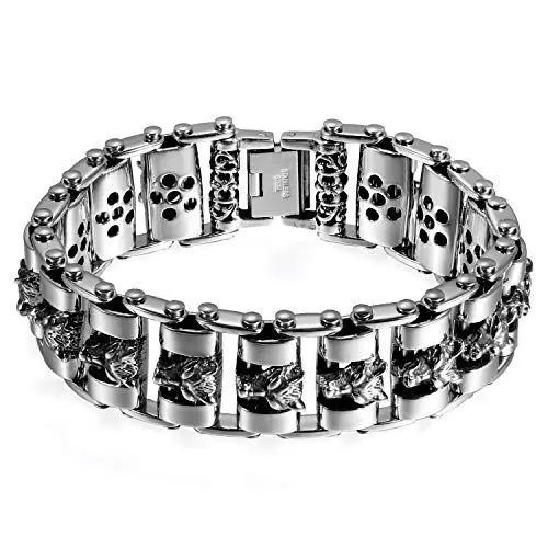 Produktbild: OIDEA Herren Edelsathl Fahrradkette Wolf Kopf Armband, 25mm Breit Große Biker Glieder Link Handgelenk poliert Panzerkette Kettenarmband Motorradkette, schwarz Silber