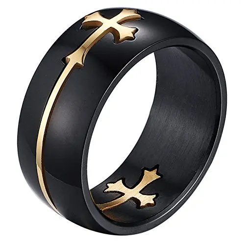 Produktbild: OIDEA Herren Edelstahl Ring, 8mm Retro Polished Schwarz Verlobungsringe Trauringe mit abziehbar Gold Kreuz Kruzifix, Größe 65