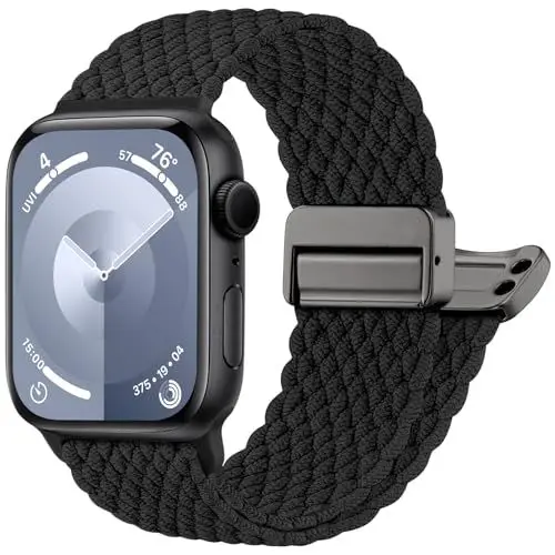 Produktbild: Oielai Geflochten Armband Kompatibel mit Apple Watch Armband 46mm 44mm 45mm 42mm 49mm, Elastisch Nylon Armbänder mit Magnet Verschluss für iWatch Series 10 9 8 7 SE Ultra 6 5 4 3 2 1, Schwarz