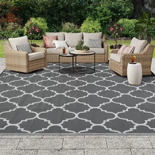 Produktbild: OIGAE Balkon Teppich Wasserfest 150x240CM Outdoor Teppich Modern StrapazierfäHige Teppiche Für Terrasse Garten Grau Wendbarer Plastik Recyceltem Camping Teppich UV BestäNdig Teppich