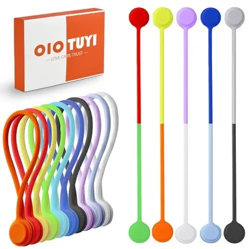 Produktbild: OioTuyi 10 Stück Wiederverwendbare magnetische Silikon Kabelbinder, Organisieren und Kabelmanagement, 10 Farben, Multifunktionale Magnet Kabelorganizer