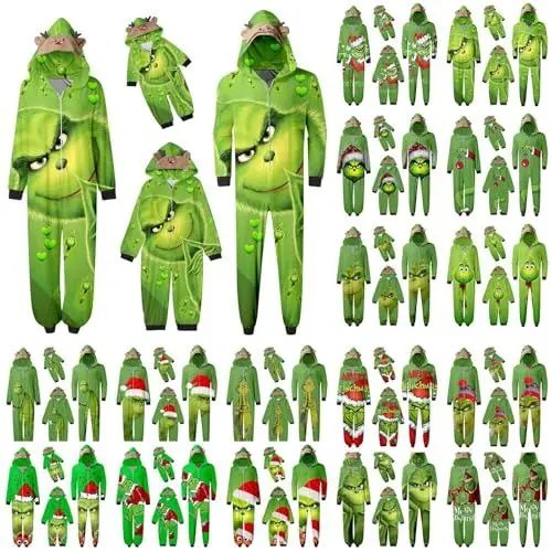 Produktbild: OIUHJN Schlafanzug Weihnachten Grinch Pyjama Einteiler Pyjamas Sets für Familie, Niedlicher Weihnachts Einteiler Schlafanzüge mit Kapuze, Hausanzug Nachtwäsche für Damen Herren Kinder Baby 8