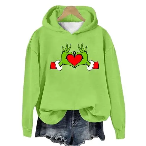 Produktbild: OIUHJN Weihnachten Grinch Hoodie Damen Grinch Weihnachtspullover 3D Druck Lustig Kapuzenpullover Grün Weihnachts Sweatshirt mit Tasche Langarmshirt Pullover Herbst Winter Festlich Hoodie S-XXL 2