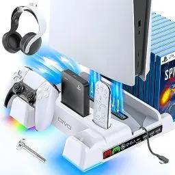 Produktbild: OIVO PS5/PS5 Slim Ständer mit 3 stufig Lüfter und RGB Licht, PS5 Standfuß mit 4 USB Ports/PS5 Controller Ladestation/Headset Halter/Remote Steckplatz/14 Spiele Aufbewahrung für PS5 Zubehör