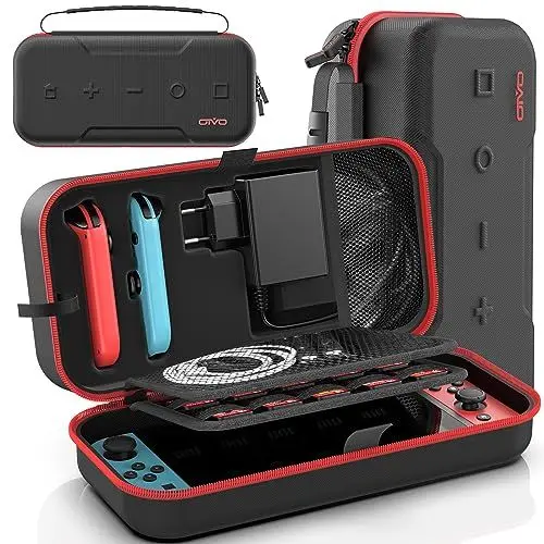 Produktbild: OIVO Switch Tasche kompatibel mit Nintendo Switch/OLED-Modell, Große Switch Tragetasche für Joycon und EU Netzteil, Harte Switch OLED Hülle mit Aufbewahrung für 20 Switch Spiele & Switch Zubehör, Rot