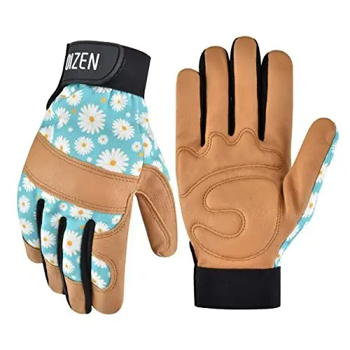 Produktbild: OIZEN Ziegenleder Gartenhandschuhe aus für Damen Leder Handschuhe Bedrucktes Arbeitshandschuhe zum Jäten, Graben, Pflanzen