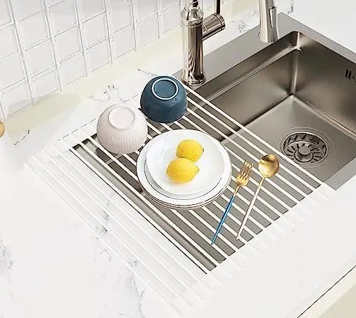 Produktbild: Okaytec Spülbecken Organizer - Abtropfgitter spüle - Geschirr abtropfständer - Ablaufkorb Abtropfgitter spüle für küchenspüle (Silikon & 43 * 33 cm) - Weiß