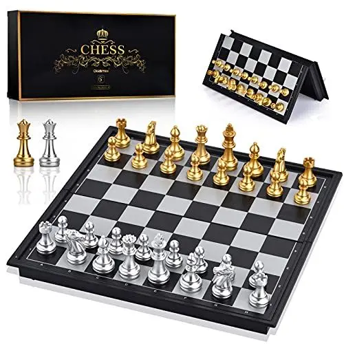 Produktbild: OkidSTEM Schachspiel mit Magnetisch Reise Schachbrett und 2 zusätzlichen Königinnen für Kinder und Erwachsene (Gold und Silber-25 * 25cm)