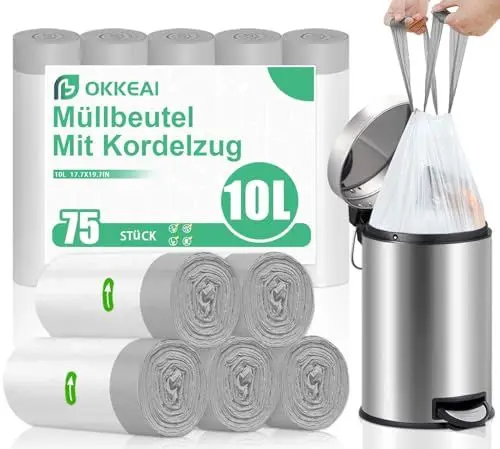 Produktbild: OKKEAI Müllbeutel 10L mit Zugband Mülltüten Kleine Müllsäcke,75 Stück Weiß Abfallbeutel