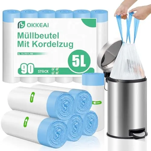 Produktbild: OKKEAI Kleine Müllbeutel 5L mit Zugband Müllsacks Weiß Abfallbeute Geeignet für Badezimmer,Toilette,90 Stück Mülltüten mit Kordelzug