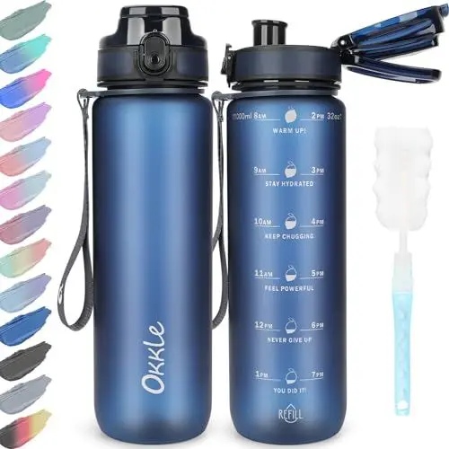 Produktbild: OKKLE Trinkflasche 1L BPA freie Wasserflasche mit Verschlussdeckel und auslaufsicher, geeignet für Fitnessstudio, Schule, Radfahren, Outdoor, Sport, Fitness