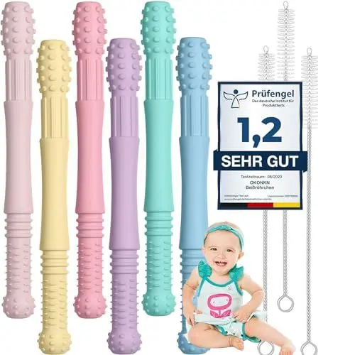 Produktbild: OKONKN Beißröhrchen Baby 6er-Set Zahnungshilfe Baby Beißring Baby Bpa-Frei Silikon Baby Zubehör Für Jungen Und Mädchen Ab 0-12 Monaten+ (6 Stück)