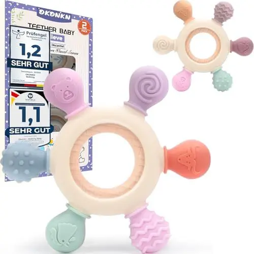 Produktbild: Okonkn Beißring Baby,Zahnungshilfe Baby-Baby Spielzeug 3-6-12 Monate Bpa-Frei Silikon Baby Zubehör Für Jungen Und Mädchen (1 Stück-A) (2 Stück-B)