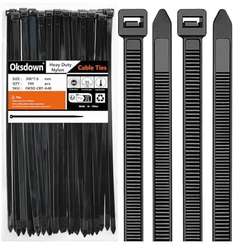 Produktbild: Oksdown 300mm × 7,6mm Breit 100 Stück Extra Stark Kabelbinder mit 50 kg Zugfestigkeit Schwarz UV-Beständig Groß Nylon Kunststoff Selbstsichernder Multifunktionaler Cable Zip Ties