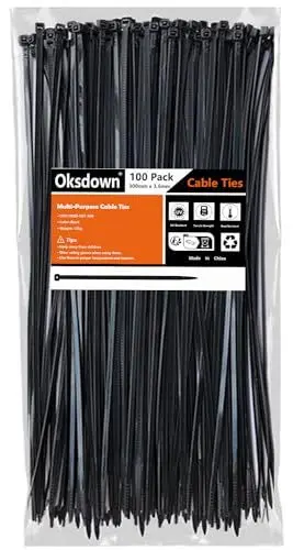 Produktbild: Oksdown Kabelbinder Schwarz 300mm × 3,6mm Nylon 100 Stück UV Beständig Kunststoff Schwarze Kabelbinder Zugfestigkeit Von Bis Zu 18,2kg für Industrie, Gartenbau, Kabelindustrie