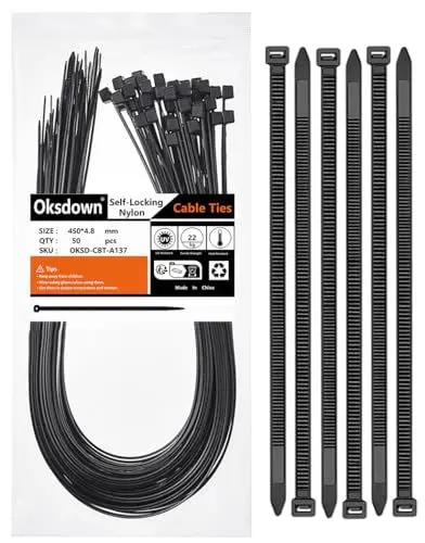 Produktbild: Oksdown Kabelbinder Schwarz 450mm × 4,8mm UV Beständig Nylon mit 22 kg Zugfestigkeit Extra lang Stark Groß Kunststoff Selbstsichernder Kabelbinder 50 Stück für Industrie, Gartenbau, Kabelindustrie