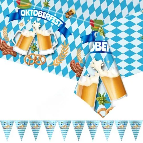 Produktbild: Oktoberfest Deko Set Oktoberfest Tischtuch Tischläufer Oktoberfest Wimpelkette Bayrische Deko Tischläufer Waschbar Tischdecken für Biertische für Oktoberfest drinnen und draußen Party Zubehör