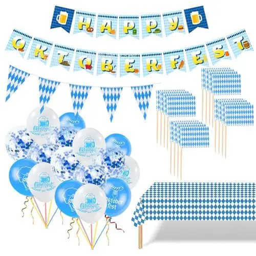 Produktbild: Oktoberfest Deko Set, TGKYK 33 Stücke Bayrische Deko mit Girlande, Luftballons, Flaggen, Tischläufer, Deko Oktoberfest Party, 10M Blau Weiße Oktoberfest Deko Girlande für Oktoberfest Festival