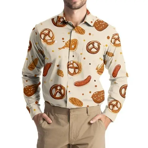 Produktbild: Oktoberfest Herren Outfit Herren Hemd Mit Bierkrug- Und Brezel-Muster Langarm Perfekt FüR Oktoberfest Stilvolles Party-Outfit FüR MäNner Und Pflegeleicht Vielseitig Kombinierbar Beige XL