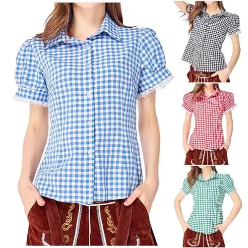 Produktbild: Oktoberfest-Karohemd Damen Traditionelle Deutsche Karobluse Festival Shirt (Blue, M)
