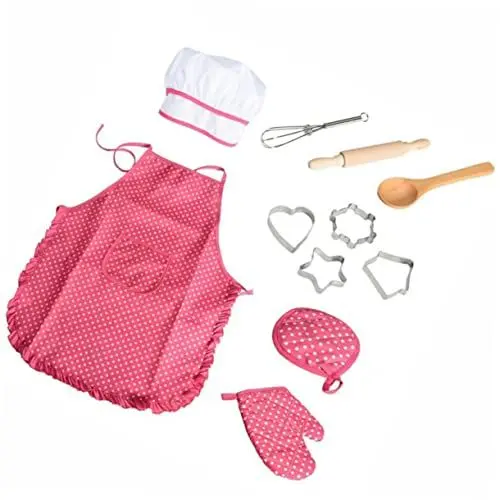 Produktbild: OKUMEYR 11-Teiliges Set Utensilien zum Kochen spielen Küchenspielzeug zum Spielen Backzubehör für Mädchen Kochmützen für Kinder kinderküche zubehör kinderkochmütze Kochhandschuh Bambus rot