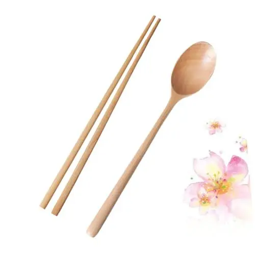 Produktbild: OKUMEYR Natürliches Holz Essstäbchen Löffel Set Camping Kochgeschirr Geschirr Für Den Heimgebrauch