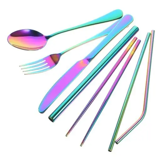 Produktbild: OKUMEYR 1 Set Western Besteck Set Edelstahl Besteck Tragbares Besteck Picknick Reiseutensilien Picknick Geschirr Set Servierbesteck Aus Edelstahl Besteck Aus Edelstahl Gabeln Bunt