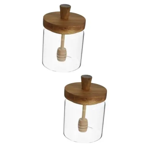 Produktbild: OKUMEYR 2St Honigtopf Honigspender Honigflasche Süßigkeitenbehälter Einmachglas Behälter für Honiggläser kleiner Honigbehälter Sirup Honigglas Honigtöpfe Holz Transparent