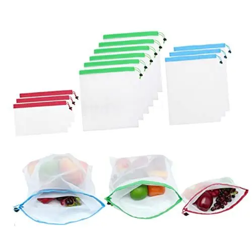Produktbild: OKUMEYR 2 Stück 14 Netzbeutel zur Aufbewahrung strapazierfähige Netztaschen für Lebensmittel Mesh-Obstbeutel aufbewahrungssack storage bags snackbeutel wiederverwendbare Netztasche Green