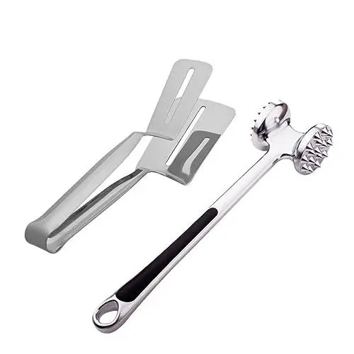 Produktbild: OKUMEYR 2 Stück Edelstahl Fleischklopfer Und Küchenzange Für Zuhause Steakhammer Mit Spülmaschinenfestigkeit