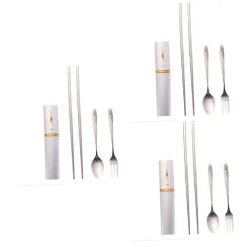 Produktbild: OKUMEYR 3st Tragbares Geschirr Tafelgeschirr Edelstahlbesteck Geschirr Essstäbchen Löffel Silver