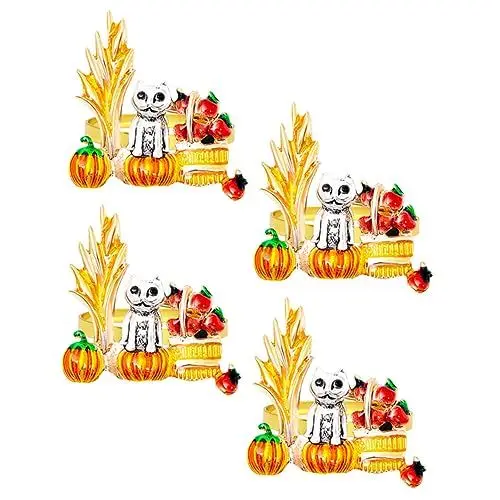 Produktbild: OKUMEYR Halloween Kürbis Serviettenschnalle 4 Stück Serviettenhalter aus Metall Katzenform Dekorativer Serviettenring für Party