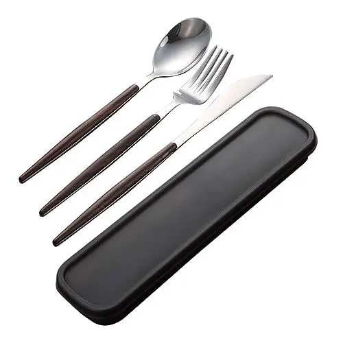 Produktbild: OKUMEYR 4stücke Teiliges Besteckset Mit Walnussgriff Steakmesser Und Klassischem Etui Für Camping Picknick Und Büro
