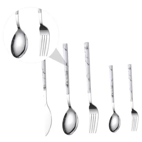Produktbild: OKUMEYR 5-teiliges Western-besteck-set Im Marmor-stil Gabeln Löffel Edelstahl-besteck-set