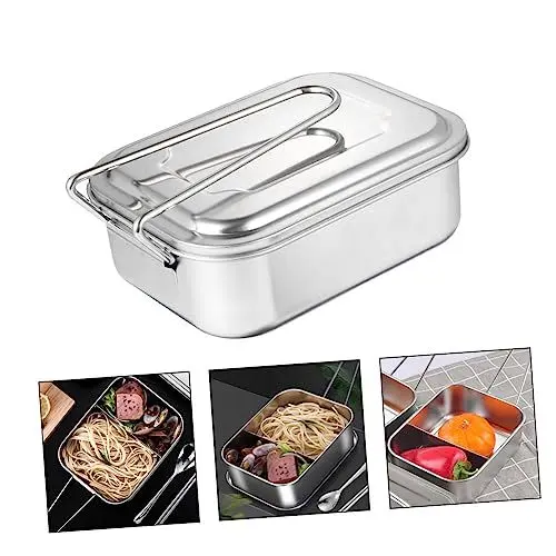 Produktbild: OKUMEYR Lunchbox Aus Edelstahl Mit Deckel Quadratischer Behälter 2 Fächer Lebensmittelträger Hitzebeständig Versiegelter Deckel Für Büro Küche Arbeitszimmer Camping Reisen