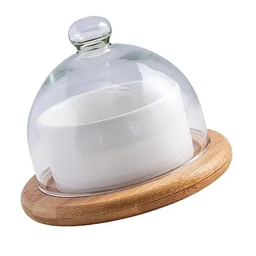 Produktbild: OKUMEYR Dessertschale Aus Keramik Mit Glasdeckel Und Holztablett Salat-servierset Kuchenschale Geschirr Eleganter Snackteller