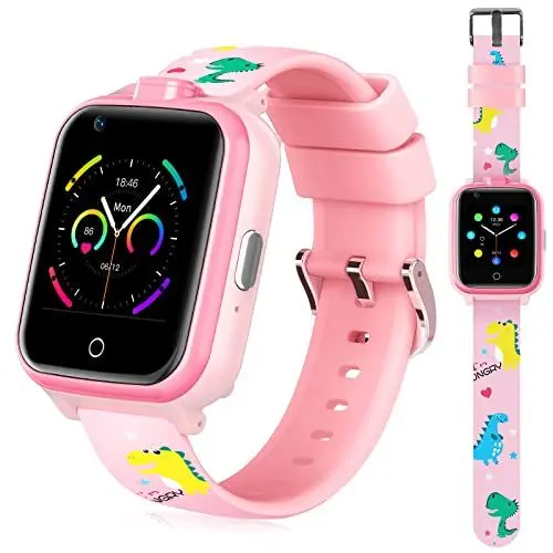 Produktbild: OKYUK 4G Smartwatch für Kinder, GPS-Tracker, mehrere Desktop-Stile zur Auswahl, Zwei-Wege-Anrufe, Bildkompetenz, SOS, WLAN, wasserdichter Touchscreen für 4–12 Jungen und Mädchen (Blau) (T13 Rosa)