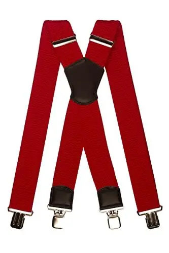 Produktbild: Olata Extra Breite Herren Hosenträger X-Form Metall Clip mit Schwarz Leder – 5 cm. Rot (Silber Clips)