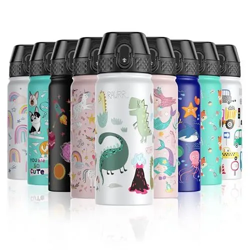 Produktbild: OLDLEY 550ml/18oz Kinder Edelstahl Isolierte Wasserflasche mit Stroh für Schule Metall Vakuum Kleine Flasche Lecksicher Halten Heiße Kalte Jungen Mädchen Kleinkinder Kinder(Dinosaurier, 550ml)