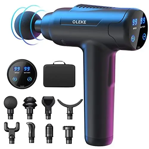 Produktbild: OLEKE Massagepistole Massage Gun Massagegerät Masagepistoll 2550mAh mit LCD Touchscreen und 8 Massageköpfen und 99 Einstellbaren Geschwindigkeiten für Sportler Schmerzlinderung und EntspannungGeschenk