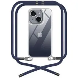 Produktbild: OLEPHY Premium Handykette für Apple iPhone 14 Hülle mit Band | Transparente Handyhülle mit hochwertiger Abnehmbarer Kordel zum Umhängen - Smartphone Necklace (Dunkelblau)