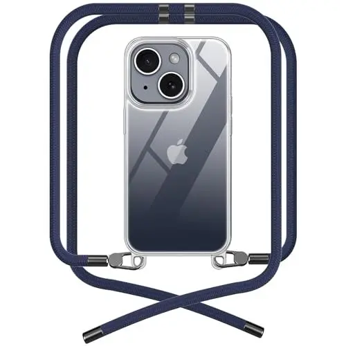 Produktbild: OLEPHY Premium Handykette für Apple iPhone 14 Hülle mit Band | Transparente Handyhülle mit hochwertiger Abnehmbarer Kordel zum Umhängen - Smartphone Necklace (Dunkelblau)