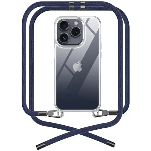 Produktbild: OLEPHY Premium Handykette für Apple iPhone 15 Pro Hülle mit Band | Transparente Handyhülle mit hochwertiger Abnehmbarer Kordel zum Umhängen - Smartphone Necklace (Dunkelblau)